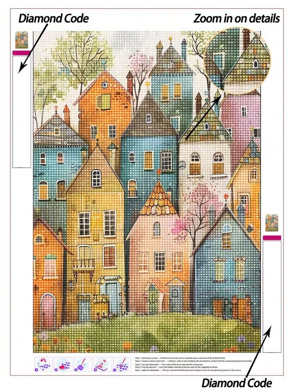 لوحة الماس DIY 5D | فن الحائط مستوحى من قصة خيالية - بلدة الأحلام لوحة الماس للبالغين، لوحات يدوية للديكور الحائط مع أكواخ قصص خيالية بألوان وارتفاعات مختلفة. طقم فسيفساء DIY، لوحة الماس مريحة، تمارين لمهارات DIY والتركيز، أفضل هدية عطلة DIY.