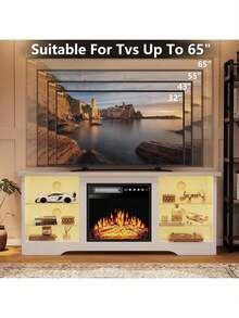 58" Modern Fireplace TV Stand With 18" Fireplace For Living Room, Entertainment Center For TVs Up To 65" With Leg Lights And Adjustable Glass Shelves - White - View 6