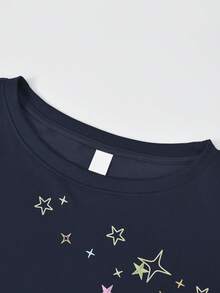 In Stock High Quality Retro American Style Graphic Oblique Shoulder Sweatshirt For Women, Loose Fit Tops, Autumn/Winter - Navy Blue - View 4