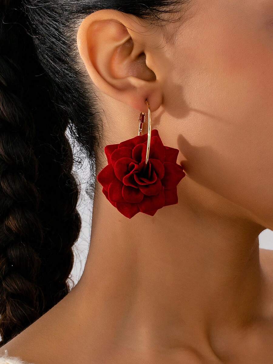 1 对复古优雅鲜艳红玫瑰花耳环，适合日常、户外活动、派对和礼物 - 紅色 - 查看 1
