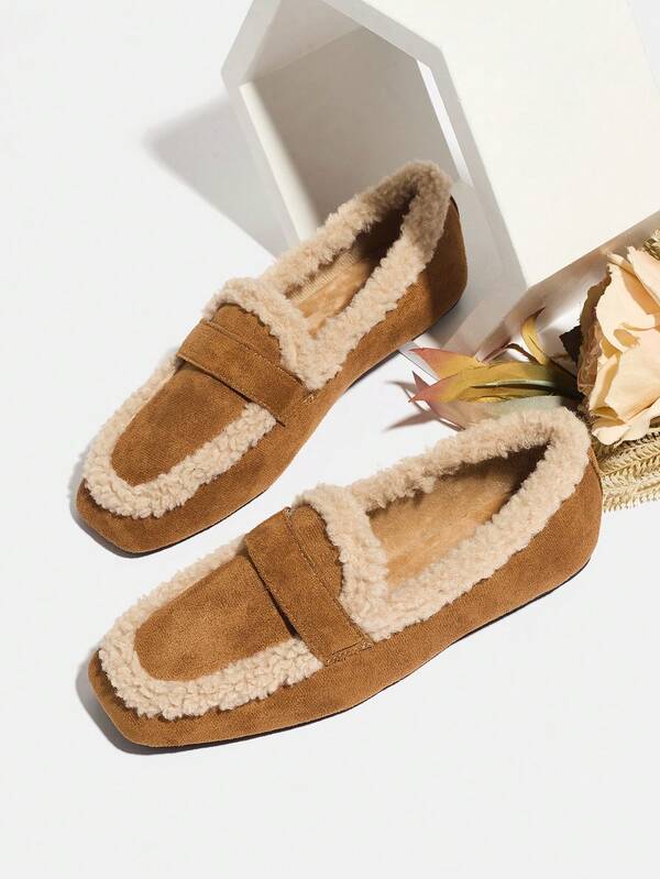 Women's Fashion 2025 Autumn/Winter New Plush Warm Soft Sole Commuting Flat Brown Black Square Toe Slip-On Comfortable Versatile Faux Wool Casual Retro Loafers