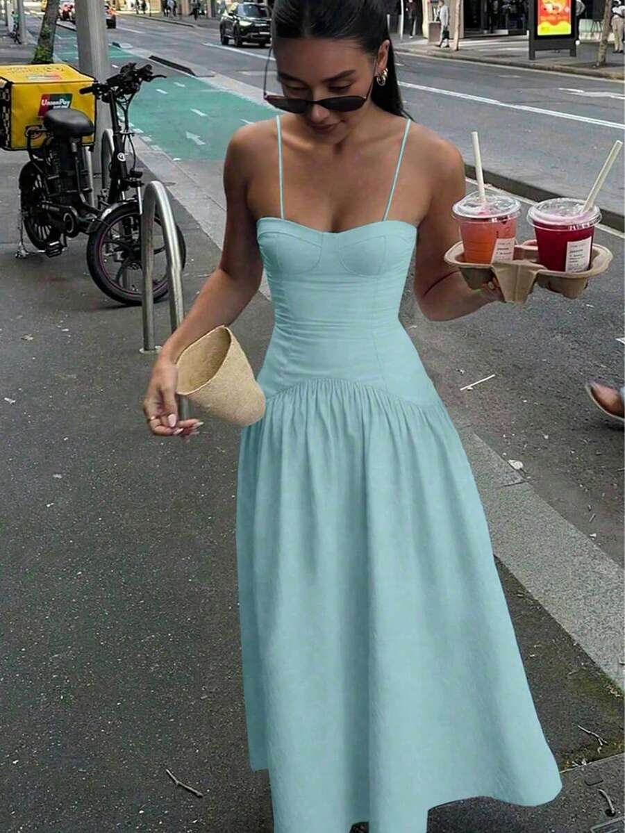 女士纯色拼接抽绳性感通勤优雅休闲度假春夏连衣裙 - 青碧色 - 查看 1