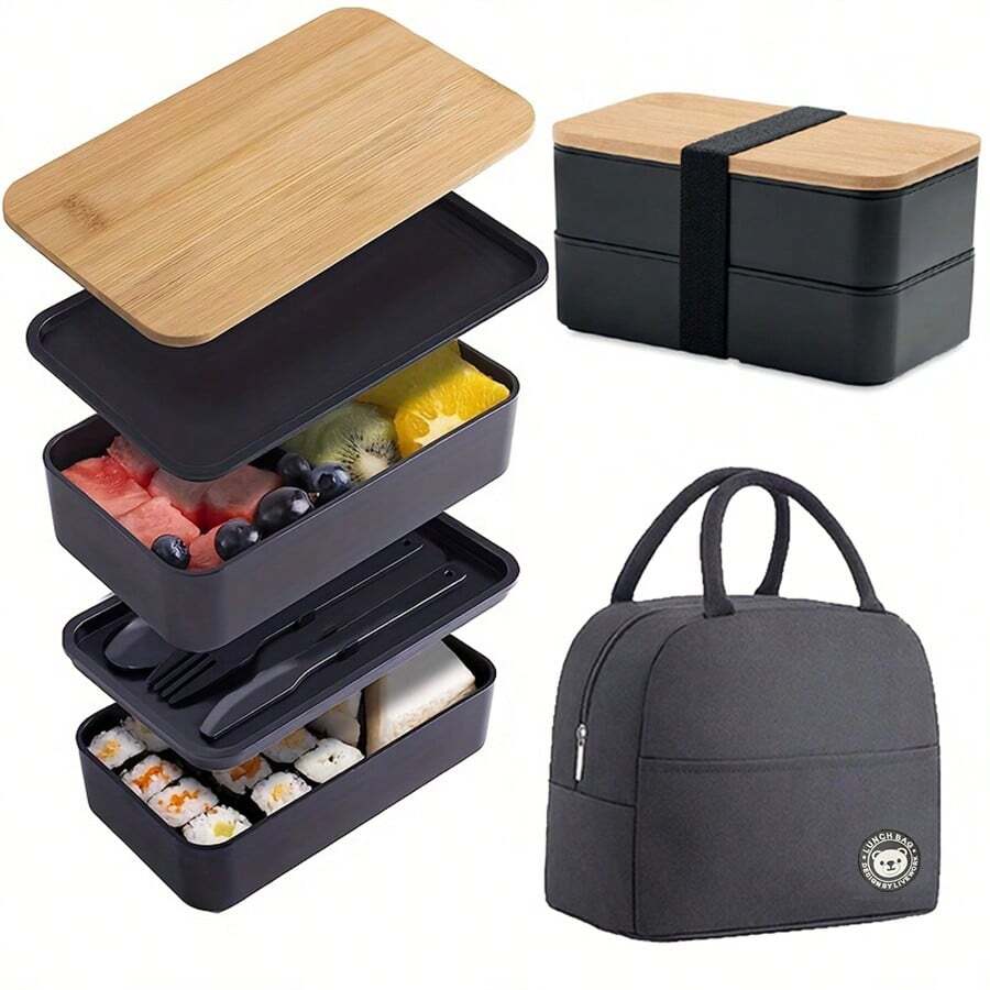 2 piezas/Set Caja de almuerzo portátil sellada con tapa y bolsa refrigeradora, bolsa de almacenamiento de alimentos simple y grande, caja de almuerzo apilable, recipiente para bocadillos. Adecuado para volver a la escuela, la universidad, la oficina, el campamento, el picnic, los útiles escolares, la organización y los accesorios de cocina, volver a la escuela - Multicolor - Ver 1