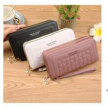 2025新款女士长款钱包双拉链手拿包刺绣时尚大容量软皮手机夹女士钱包钱包Y2K腕带钱包 - 粉色 - 查看 9