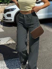 Women's Solid Color Cargo Pocket Straight Loose Casual Pants, Spring/Summer - Grey - View 2