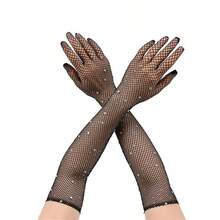 Fashionable Rhinestone Shiny Mesh Clubbing Sexy Black Fishnet Elastic Rhinestone Gloves, Suitable For Halloween & Carnival