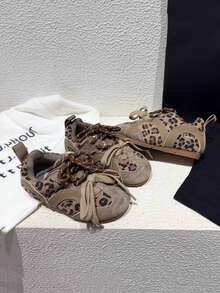 6-18 Years Old Unisex Kids Casual Sports Shoes, Waterproof Leather Upper, Breathable, Fashion Leopard Print, Non-Slip , Suitable For Outdoor Running, Hiking, Training For Boys And Girls, Retro Classic Brown Soft Bottom Comfortable Lightweight Casual Shoes For School, Travel, Vacation