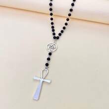 1pc Ascension Day Black Beaded Cross Star Hollow Necklace, Multicolor Resin Metal Material Gothic Style Beaded Chain, Lightweight Fashionable Accessory Suitable For Women, Men, Party, Daily Wear, School, Travel