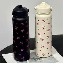 800ml Pink Insulated Water Bottle With Cute Bow And Heart Print - 304 Stainless Steel Coffee Cup With Portable Handle And Foldable Straw, Perfect Gift For Women, Sisters, And Girlfriends For Valentine's Day, Christmas, Back To School And New Year