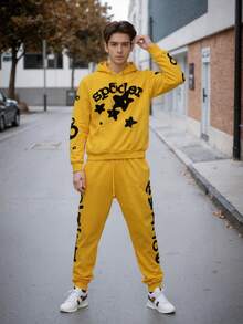Women's And Men's Fashion Street Hooded Set - Playful Star And Letter Print, Loose Casual Design, Preferred Two - Piece For Daily Sports And Streetwear  Colorblock  Letter  Star    Casual    Pocket  Drawstring - Bộ đồ màu vàng - Xem 4