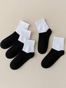 5 Pairs Classic Sports Style Student Socks, Suitable For Boys And Girls Aged 1-16, Suitable For Spring, Summer, Autumn And Winter, Round Neck Design, Easy To Wash, Black And White Color - Multicolor - View 2