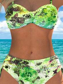 女士夏季海滩全印花花卉细肩带比基尼两件套比基尼套装 - 綠色 - 查看 4