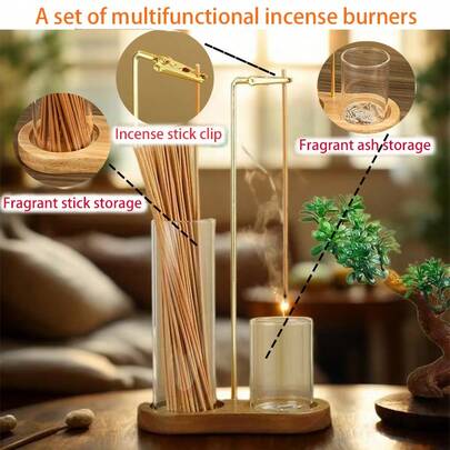 1 طقم موقد بخور متعدد الوظائف، حامل عيدان البخور + صينية رماد + مشبك معلق، مناسب لغرف اليوغا والتأمل بالمنزل، غرفة الشاي، لفائف الناموس، العلاج بالروائح العطرية، يمكن استخدام الحاوية الزجاجية كحامل شموع أيضًا