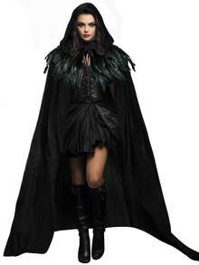男女通用纯色天鹅绒成人全长连帽长袍斗篷搭配经典哥特式羽毛斗篷套装万圣节服装 - 彩色 - 查看 4