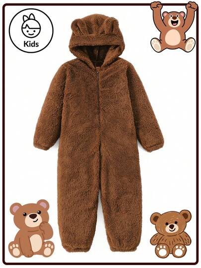 Tween Girls Plush Hooded Pajamas, Cute Brown Bear Ear Design, Long Sleeve Zipper Fleece Sleepwear, Autumn/Winter