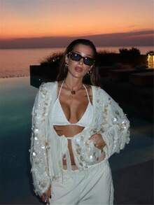 Women Sequin Wrap Tie Front Crochet Knitted Cardigan Y2K Sparkly Oversized Blouse Sheer Mesh Jacket Lace Up Glitter Coats For Concert Party Summer Beachwear Swimsuit Cover Ups - 白色 - 查看 3