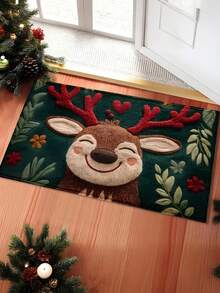 1pc Fluffy Christmas Deer Microfiber Bath Mat – Quick-Dry, Absorbent, Dirt-Resistant & Machine Washable | Festive Design With Red Berries & Green Leaves, For Kitchen & Bathroom Decor - Multicolor - View 1