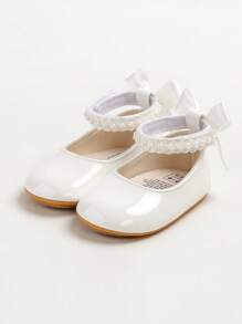 婴儿玛丽珍平底鞋 - 婴儿新生儿幼儿鞋，柔软橡胶鞋底，公主风婚鞋 - 白色 - 查看 12