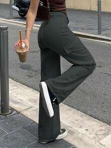 Women's Solid Color Cargo Pocket Straight Loose Casual Pants, Spring/Summer - Grey - View 4