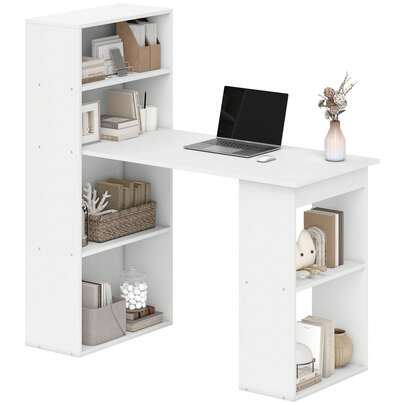  HOMCOM 120cm Computer Desk, Wooden PC Laptop Table With 6-Tier Storage Bookshelves, Home Office Working Study Desk, Writing Workstation, White