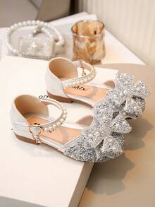 1 Pair Baby Girls' Princess Bow Rhinestone Teddy Bear Sandals, Casual Versatile Flat Open Toe Beach Sandals, Suitable For Toddler/Little Kid/Big Kid