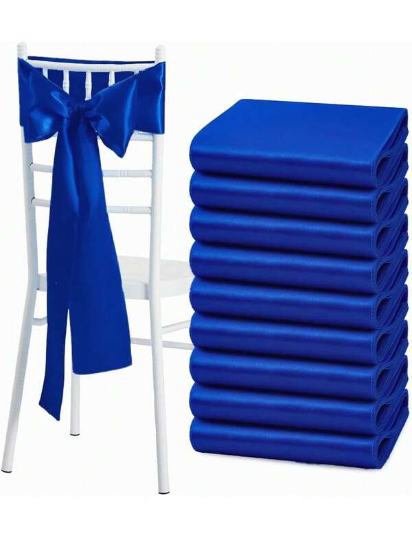 10pcs Royal Blue Satin Chair Sash Bows, Silk Chair Ribbon Tie Belts, Party Wedding Chair Sash Knots For Birthday, Event, Hotel, Restaurant, Ceremony, Banquet Decoration