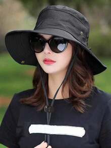 1 Pc Oversized Brim Bucket Hat, Breathable Windproof, Versatile & Fashionable, Suitable For Daily Wear - Pure Black - View 13