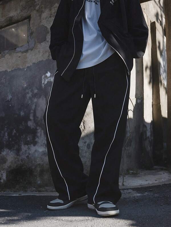 بنطلون رجالي كاجوال بتصميم مخطط بألوان متباينة، قصة واسعة وساق مستقيمة، مريح وملائم للربيع والخريف، للاستخدام اليومي والرياضة والموضة الشارعية