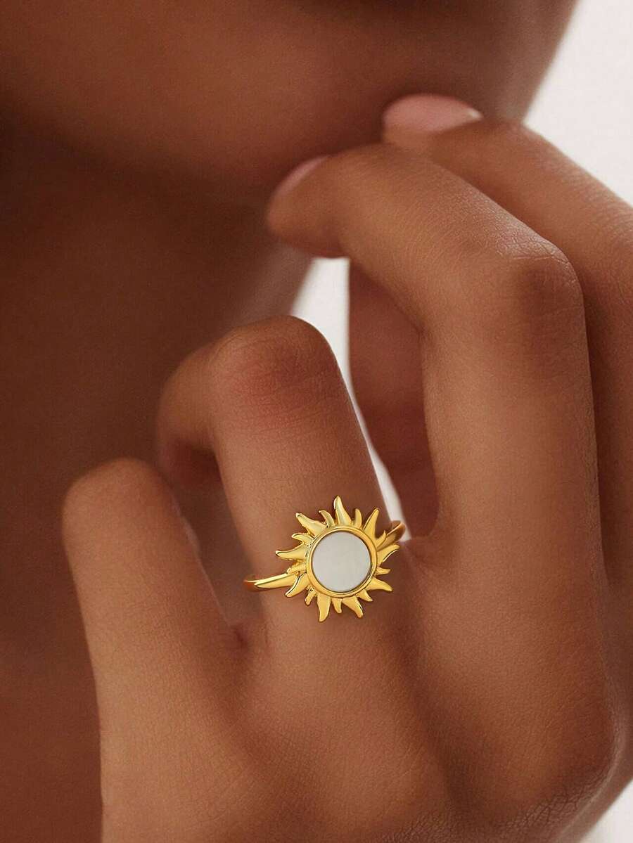 1 件 S925 纯银简约优雅时尚太阳戒指，适合女士聚会旅行约会佩戴，最佳节日礼物，精美珠宝礼品 - 墨戒指 - 查看 1