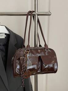 1个简约复古拉链手提包，带口袋，双提手，适合女士休闲和通勤日常使用 - 咖啡 - 查看 6