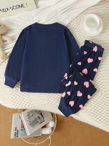 2 件套女童睡衣套装，可爱心形印花海军蓝长袖 T 恤和休闲长裤，2025 年秋季新品 - 藍色 - 查看 8