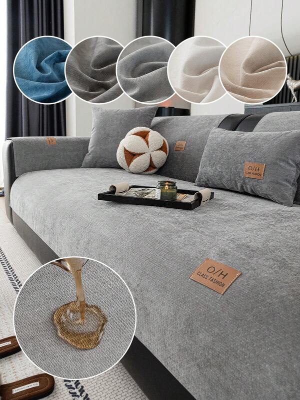 1pc Solid Color Waterproof Sofa Cover, Leather Label Design, Anti-Slip Backing, Pet-Friendly Non-Shedding Sofa Protector, Suitable For Bedroom, Living Room, Office Home Decor, Fits Single, Loveseat, 3-Seater, 4-Seater And Sectional Sofas