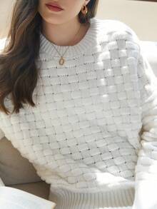 Knit Mix Elegant Women's Autumn/Winter French Fashion Commute Knit Solid Color Round Neck Long Sleeve Hollow Out Regular Loose Pullover Sweater - White - View 7