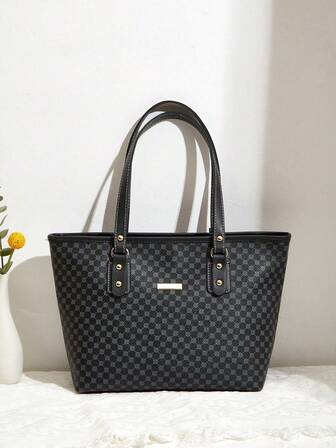 1 件波尔卡圆点印花 PU 手提包，时尚通勤手提包，简约优雅的女士购物袋