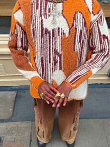 男女皆宜的蓬松抽象几何图案提花针织套头毛衣，休闲学院风，适合春、秋、冬三季穿着，长袖上衣 - 橘色 - 查看 2