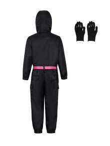 1 套黑色游戏/电影风格万圣节小丑服装，成人男女通用舞台角色扮演连体衣，配有手套和腰带 - 黑色 - 查看 2