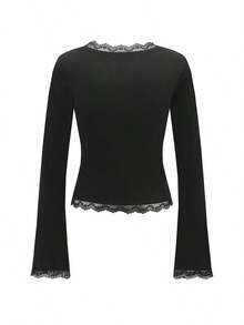 Women's Y2K Lace Trim T Shirt Top Blouses Long Flare Sleeve Square Neck Low Cut Slim Fit Tee Shirt Crop Tops Spring Fall Casual Daily Going Out Tops Aesthetic Clothes Party Club Streetwear