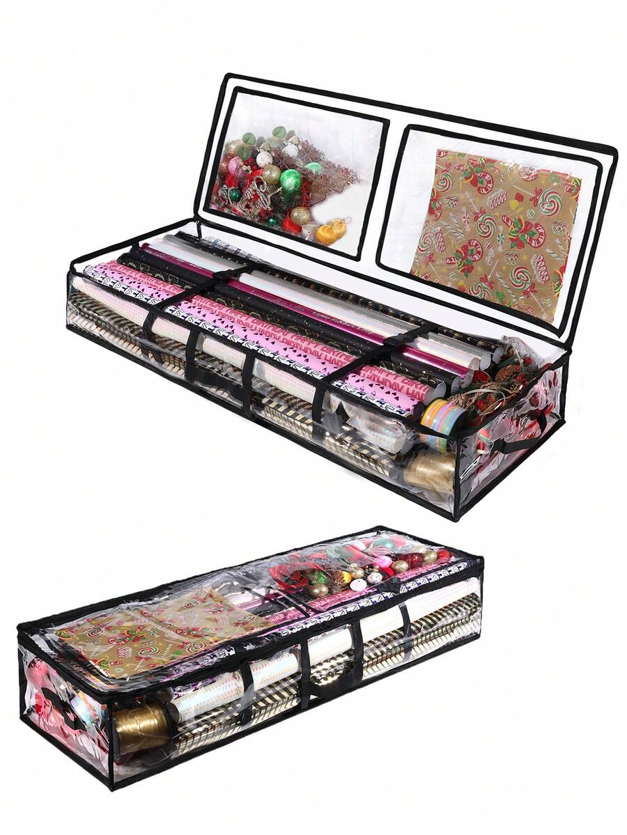 1 pieza Bolsa transparente de regalo de Navidad, bolsa de almacenamiento de regalo de PVC duradero, contenedor cuadrado portátil para almacenar cintas, lazos y accesorios - transparente - Ver 1