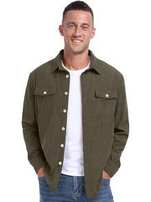 Men's Corduroy Button Down Long Sleeve Casual Shacket Western Shirt With Flap Pockets, 2025 Style - A09 軍綠色 - 查看 4