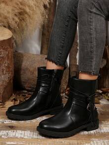 Fall/Winter Plus Size Women's Leather Round Toe Side Zipper Buckle Strap Chunky Heel Boots - Matte Black - View 6