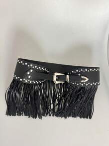 Amber Gradient Fringe Rivet Wide Waist Belt, Versatile Streetwear Accessory, Mecha-Inspired Waist Belt, Celebrity Same Style Leather Belt, Fashionable Waist Skirt - Multicolor - View 7