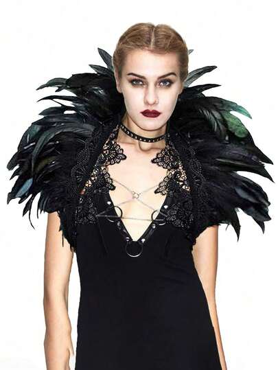 1 pieza Capa con cuello de encaje de plumas naturales estilo gótico, poncho, capa corta y chal de hombros para mujer, disfraz victoriano de plumas naturales para Halloween