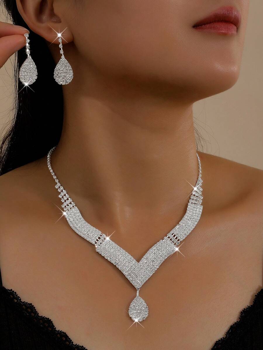 3pcs Women's Rhinestone Waterdrop Necklace, Earrings & Bracelet Set, Elegant Bridal Jewelry For Wedding Season Valentine's Day Accessories - Silver - View 1