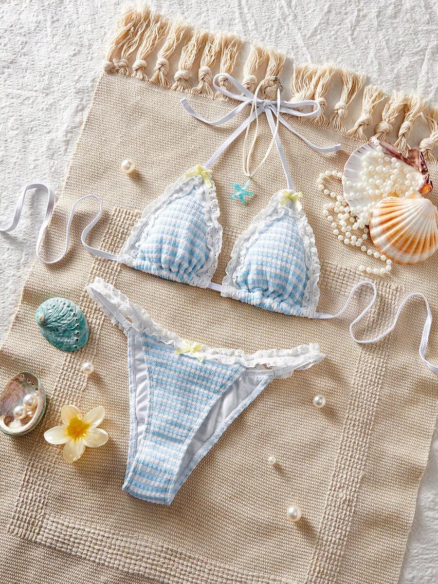 Ladies Swimsuit; Sexy Fashion; Blue Two Pieces Swimwear; Summer Beach; Bikini Set.