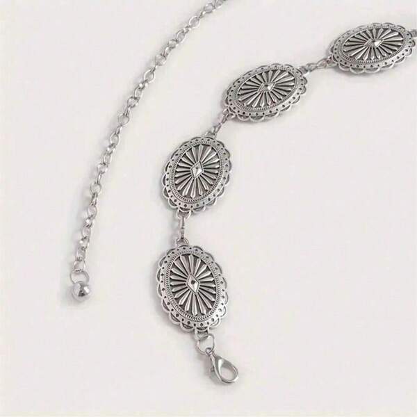 Vintage silberne Cut Out ovale Taillenkette, geometrisch florales geprägtes Metallbauchkettengürtel, für festliche Anlässe