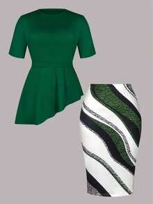 大码女式优雅纯绿色上衣和性感紧身裙两件套，夏季 - 綠色 - 查看 7