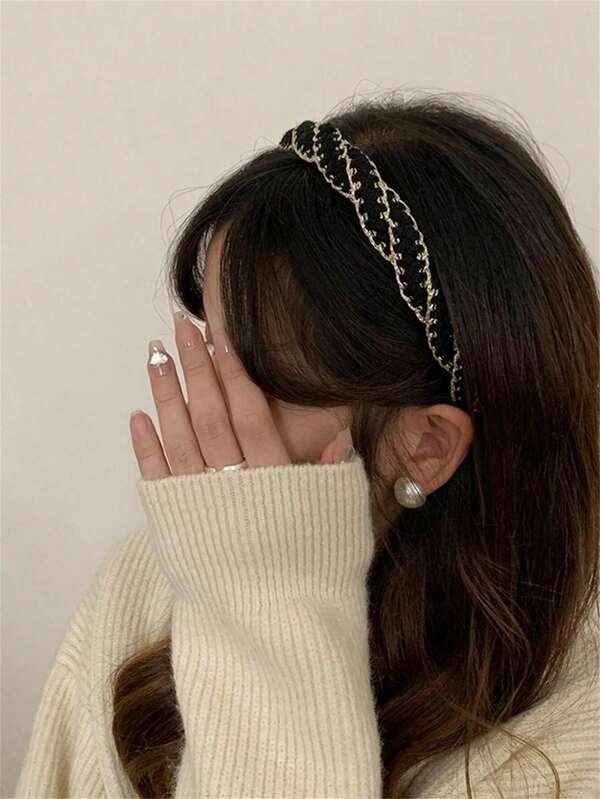 1 قطعة شريط رأس نسائي مضفر بخيوط ذهبية وسوداء، شريط رأس مضفر أنيق للخريف/الشتاء، تصميم تاج مرتفع قليلاً يجعل الوجه يبدو أصغر، مناسب للمناسبات اليومية والحفلات، شريط شعر، حلقة شعر، شريط رأس للنساء