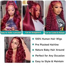 NARNI 30 32 34 Inch 99j Burgundy Lace Front Wigs Human Hair Glueless Human Hair Lace Wig13x6 HD Transparent Body Wave Lace Front Wigs Human Hair Pre Plucked 200% Density Red Colored Human Hair Wigs For Women - Màu Đỏ Sâu - Xem 8