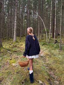 Áo len dệt kim dài tay dễ thương, dáng rộng thoải mái cho nữ, màu xanh navy, ấm áp, sang trọng, mặc hàng ngày, trang phục dạo phố, trang phục thu đông, quần áo cho nữ, trở lại trường học, trang chủcoimg - Màu xanh lam - Xem 2