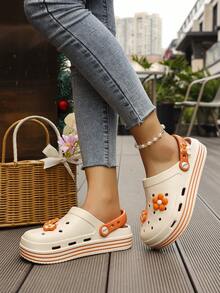 Women's  Floral Platform Clogs - Breathable Lightweight Closed Toe  Sandals With Adjustable Strap, Casual Summer Sandals For Women | Perfect For Beach, Pool & Daily Outfits, Cute Summer Slides For Women. - Màu be - Xem 6